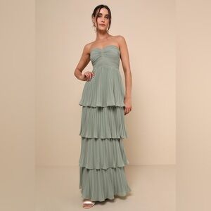 Lulus Seriously Sensational SAGE BRUSH Strapless Tiered Maxi Dress Large NWT